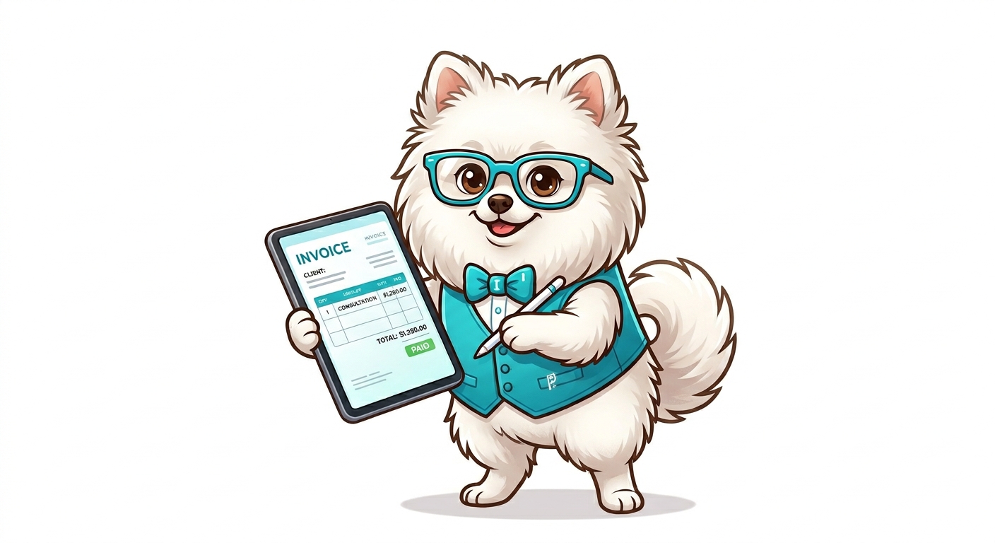 Mascota de Remoox Go con una factura en tablet