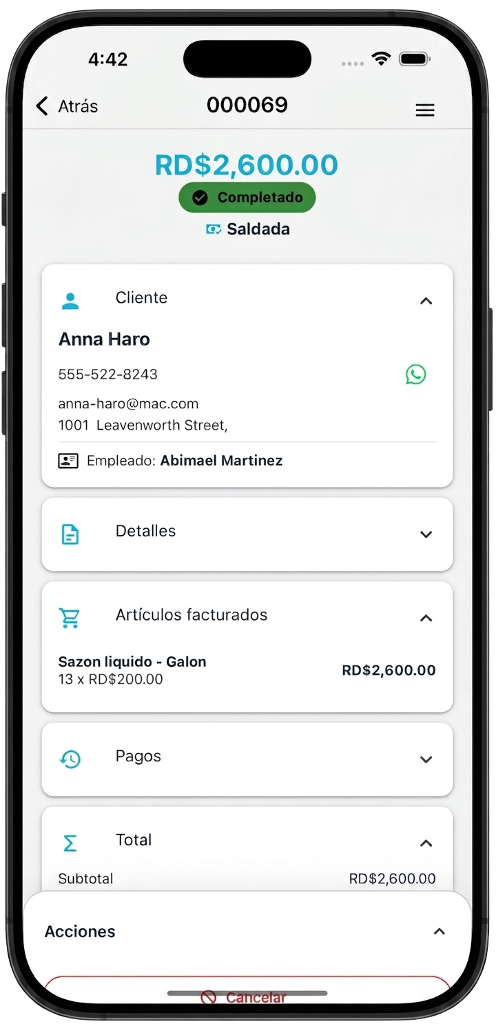 Vista detallada de una factura en Remoox Go con información del cliente, artículos facturados, pagos y totales.