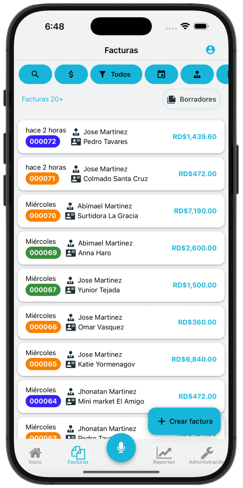 Remoox Go en iPhone mostrando la lista de facturas